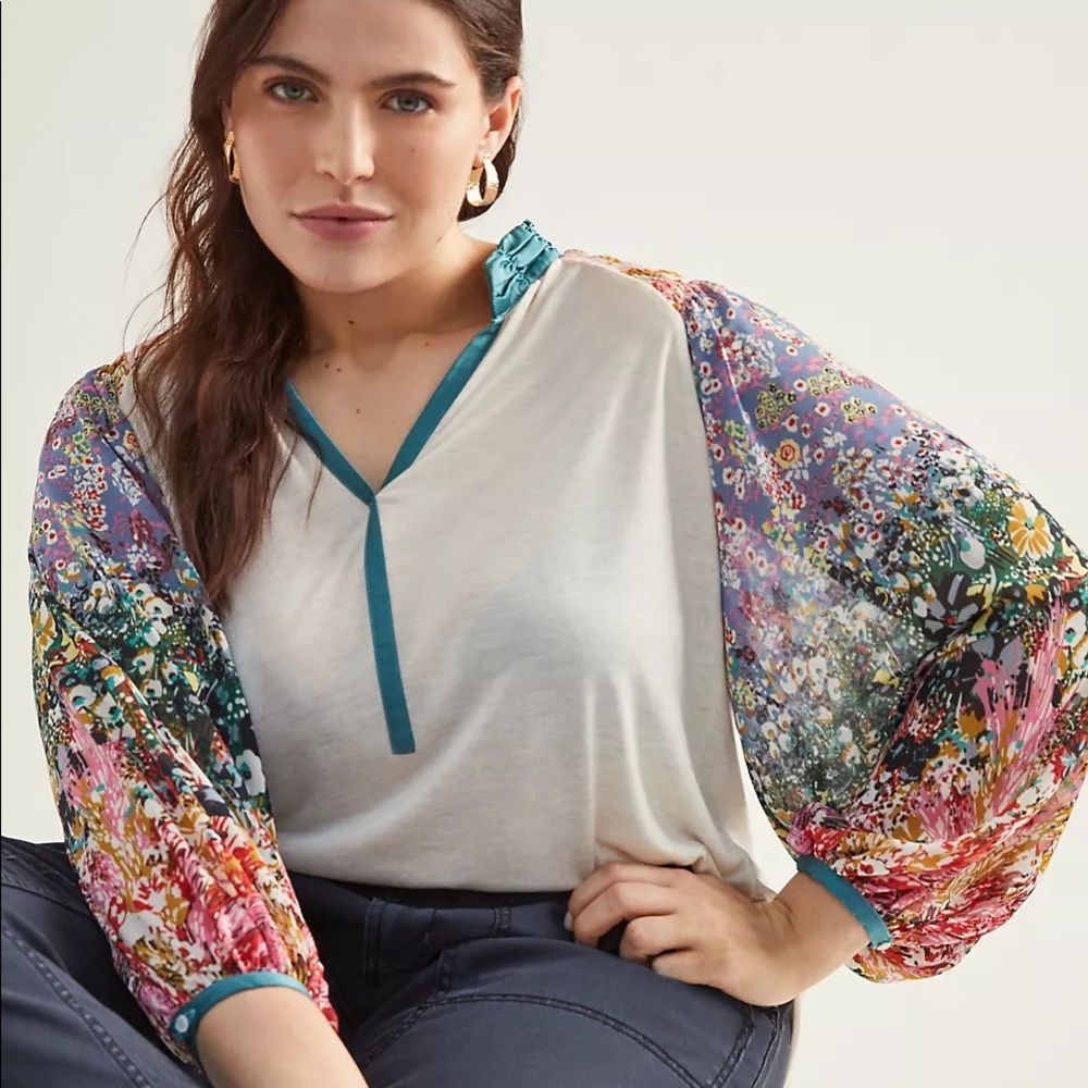 Anthropologie Floral Sleeve Blouse - White and Multicolor